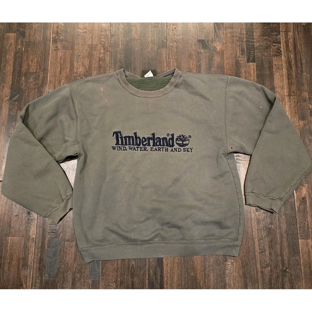 Vintage Timberland Sweatshirt Mens L Green Crewneck Embroidered Wind Water Earth